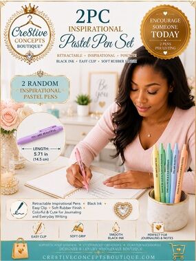 2Pc Inspirational Pastel Pen Set, Retractable Black Ink | Soft Rubber Finish